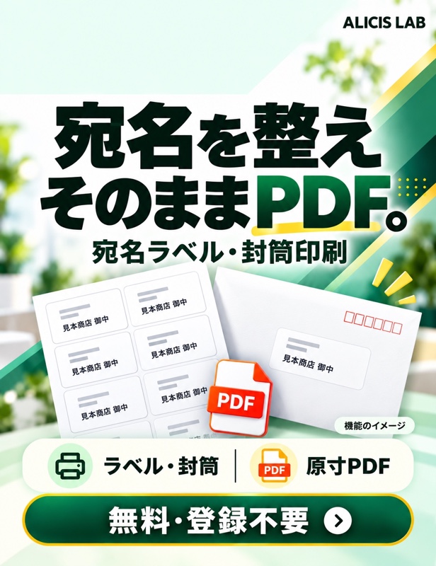 宛名ラベル・封筒印刷の広告イラスト（機能を説明するイメージ）
