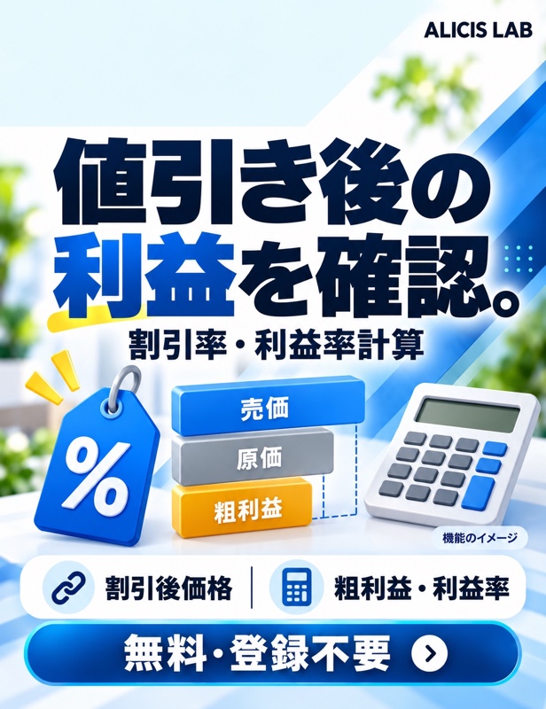 割引率・利益率計算の広告イラスト（機能を説明するイメージ）