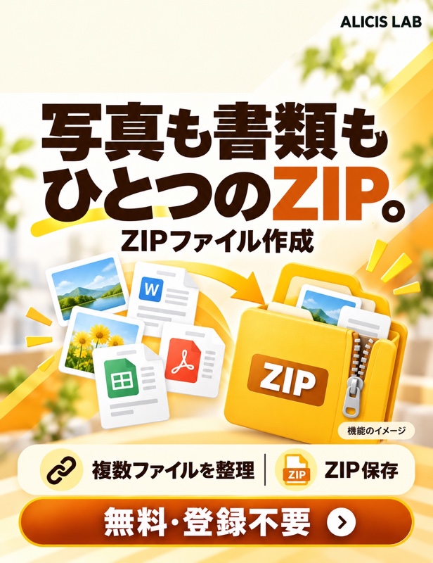 ZIPファイル作成の広告イラスト（機能を説明するイメージ）